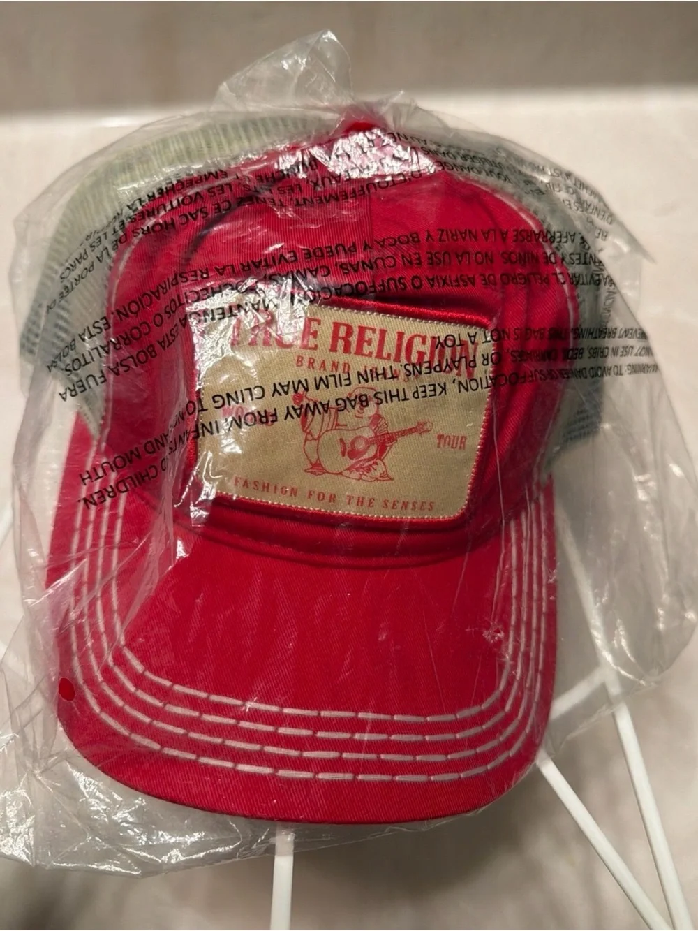 True Religion Red Trucker Hat with Tan Patch